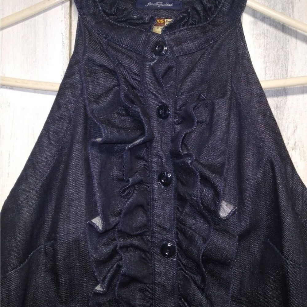 7 For All Mankind Dark Denim Ruffle Halter Mini Dress - Picture 5 of 9